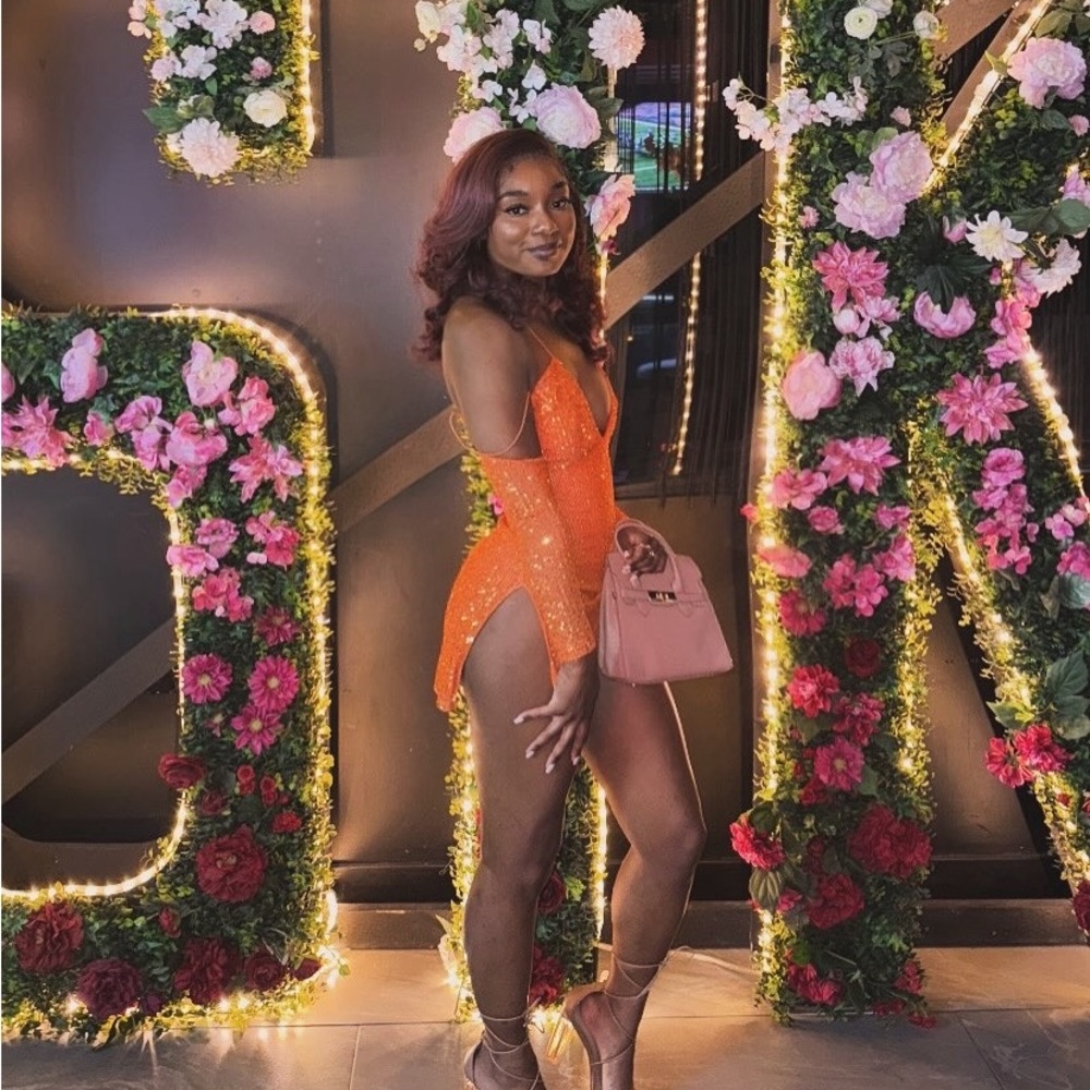 Fashion Nova Orange Sequin Midi Dress